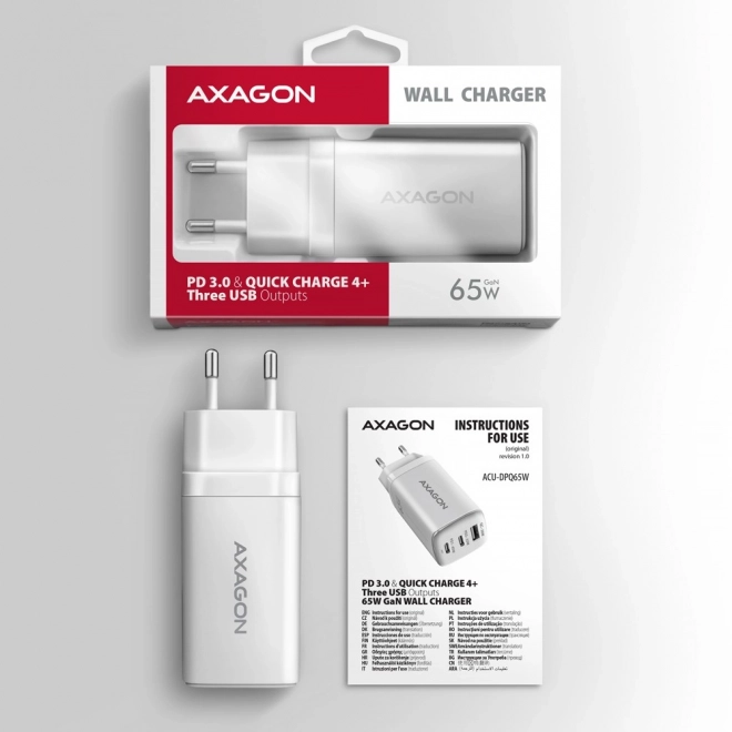 Biela cestovná nabíjačka AXAGON GaN 65W s 3 portmi USB