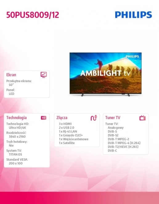 50-palcový LED televízor 50PUS8009/12
