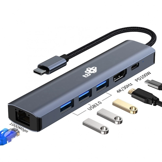HUB USB-C adaptér 6v1 - HDMI, 3x USB, PD, RJ-45