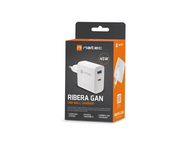 Nabíjačka Natec Ribera GAN 1X USB-A + 1X USB-C 45W biela