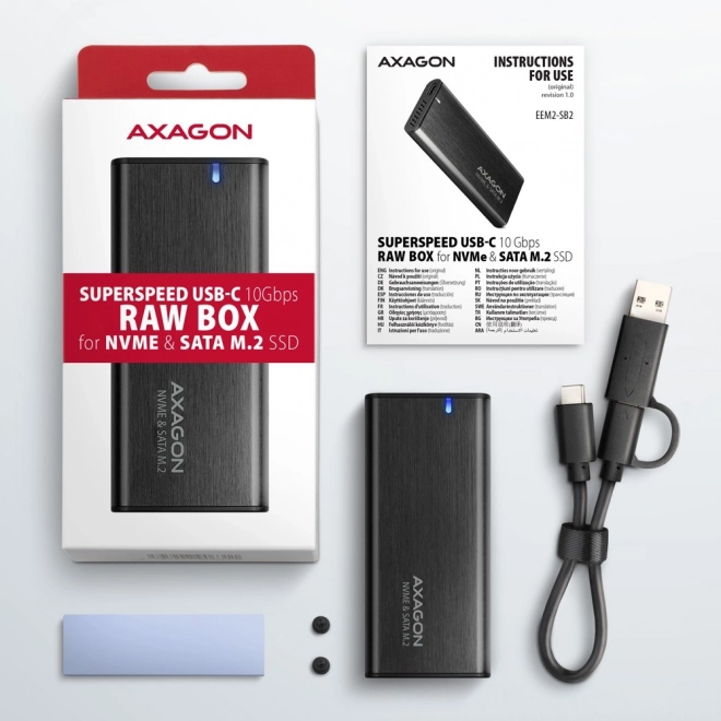 Externá hliníková bezskrutková skrinka AXAGON s USB-C 3.2 Gen 2 pre M.2 NVMe / SATA SSD