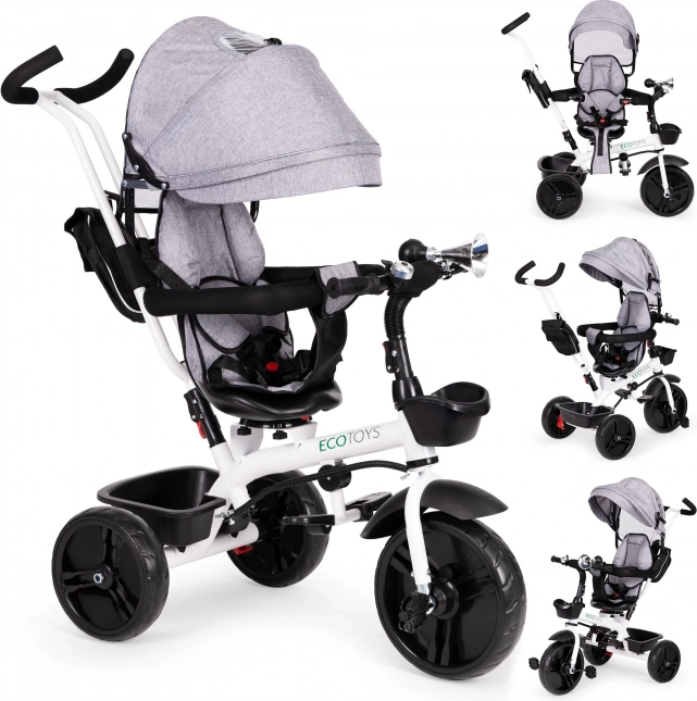Detská trojkolka s otočným sedadlom 360° a strieškou sivá ECOTOYS