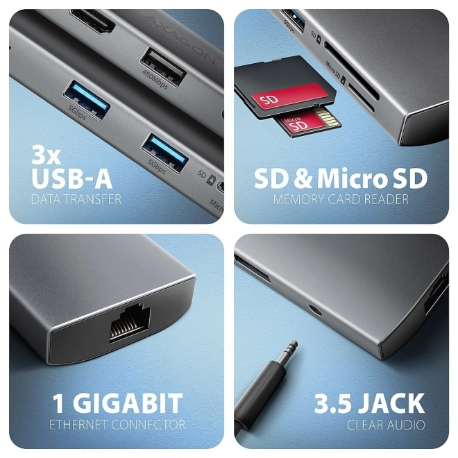 Viacportový USB-C hub Axagon 9v1 s HDMI 4K a nabíjaním 100W