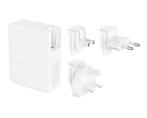 Nabíjačka na stenu 140W, 4-portová (3xC 1xA) s UK, EU, US adaptéry, biela
