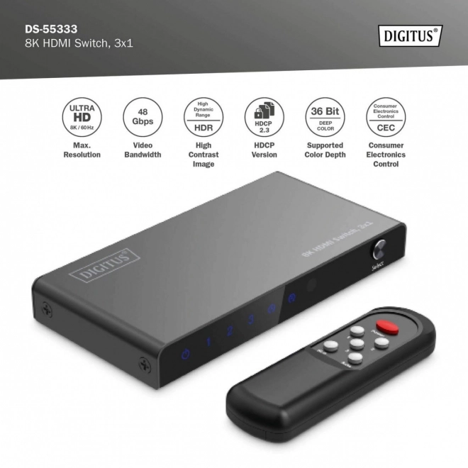 Preklápač HDMI 8K 3x1 s diaľkovým ovládaním