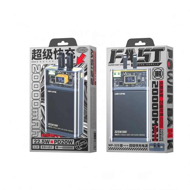Power banka Wekome Vanguard Series 20000 mAh s USB-C & Lightning káblom