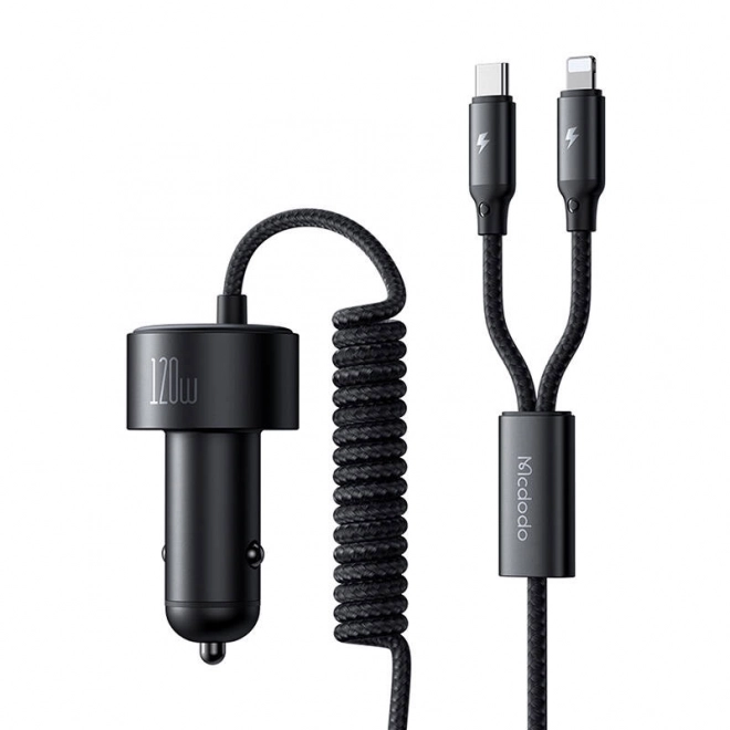 Nabíjačka do auta Mcdodo s USB-C a Lightning, 120W, zasúvacie káble