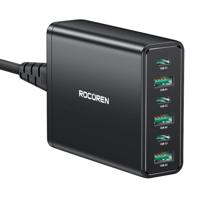 Nabíjačka Rocoren s 3 USB-C a 3 USB-A portami, 60W v čiernej farbe