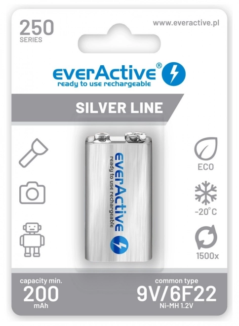 Nabíjateľná batéria everActive 9V Ni-MH 250 mAh pripravená na používanie