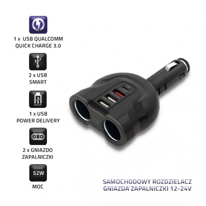 Automobilový rozdeľovač zapaľovača Qoltec