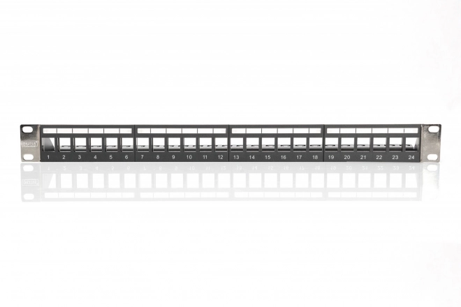 Modulárny patch panel 19" 24 portov na keystone moduly, 1U, tienený s káblovým vedením, vymeniteľné popisné polia Čierny
