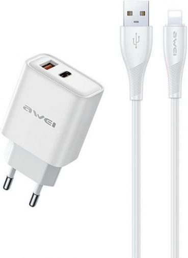 Awei sieťová nabíjačka GaN 22,5 W USB + USB‑C s káblom USB‑A/Lightning