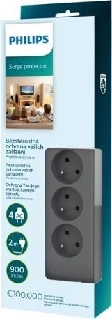 Zásuvková lišta Philips 2m so 4 zásuvkami šedá