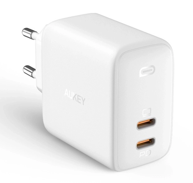 Biela sieťová nabíjačka Aukey Omnia Duo 2x USB-C Power Delivery 65W