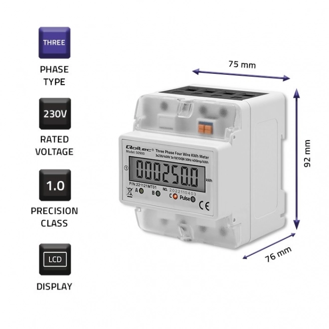 Qoltec trojfázový meradlo spotreby energie s LCD displejom