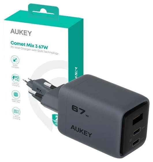 Aukey PA-C3 Comet Mix 3 GaN ultrarýchla sieťová nabíjačka 67 W 3x USB (2x USB-C a 1x USB-A)