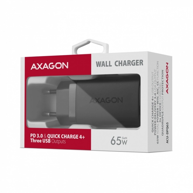 Cestovná nabíjačka AXAGON GaN 65W s 3 portami (USB-A + dual USB-C)