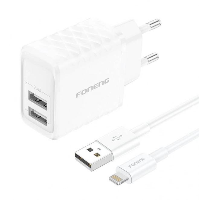 Foneng nabíjačka 2xUSB-A 2,4A biela s Lightning káblom