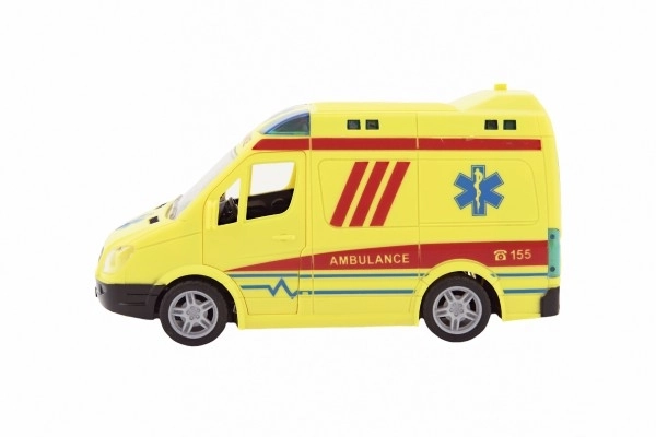 Ambulancia auto plast 20cm na zotrvačník na batérie so zvukom so svetlom v krabici 26x15x12cm