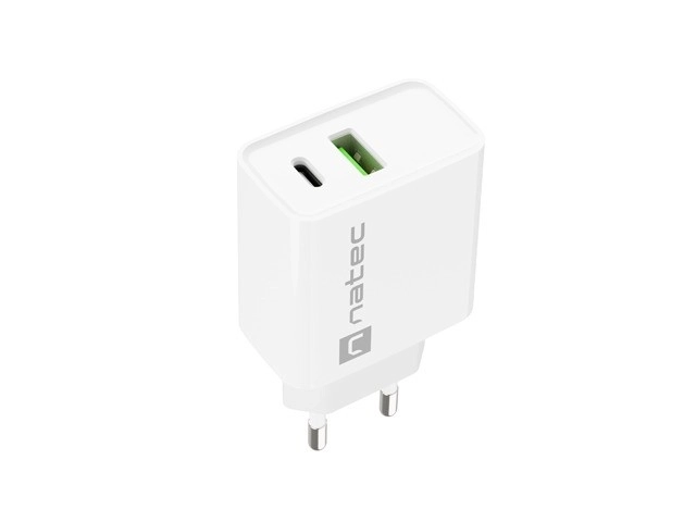 Nabíjačka na stenu Natec Ribera 20W s USB-A a USB-C biela