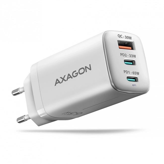 Biela cestovná nabíjačka AXAGON GaN 65W s 3 portmi USB