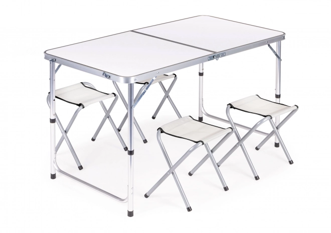 Kempingový set - skladací stôl a 4 biele stoličky