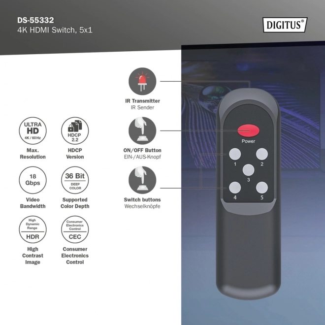 Prepínač HDMI 4K 5x1 s ovládačom
