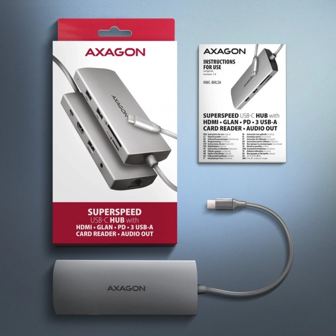 Viacportový USB-C hub Axagon 9v1 s HDMI 4K a nabíjaním 100W