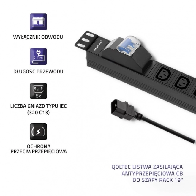 Napájacia lišta do Racku 19 palcov s ističom 1U 10A PDU 8xIEC C13 2m