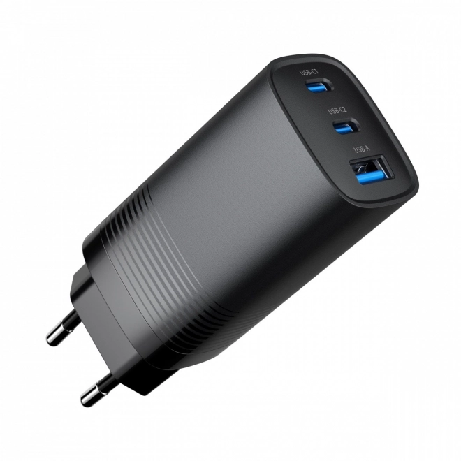 Čierna USB nabíjačka 65W GaN s 1x USB-A a 2x USB-C porty