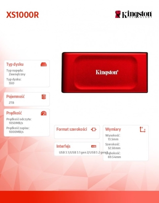 Externý SSD disk Kingston XS1000 2TB USB3.2 Červený