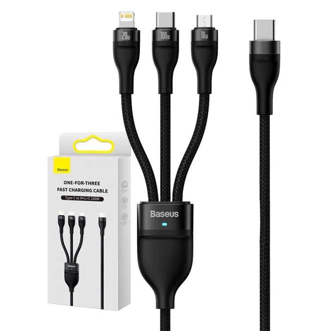 USB kábel 3v1 Baseus Flash Series 2, USB-C + Micro USB + Lightning, čierny