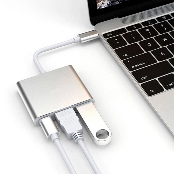 Hliníkový adaptér HUB 3v1 USB-C na HDMI 4K, USB 3.1, USB-C - strieborný