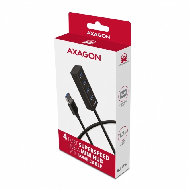 Mini kovový USB hub AXAGON 4-portový USB 3.2 Gen 1 s dĺžkou kábla 1,2 m