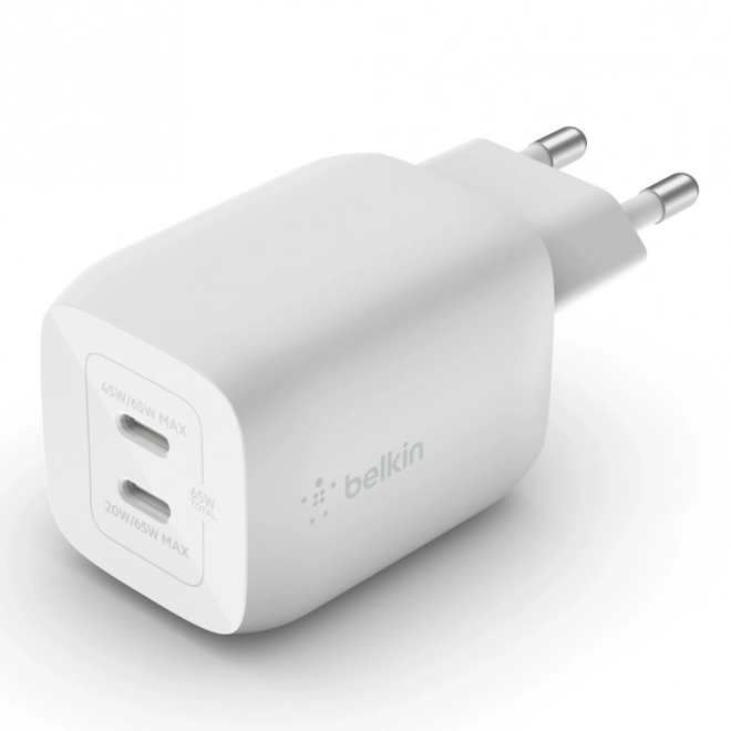 Dvojitá nástenná nabíjačka USB-C GaN 65 W biela