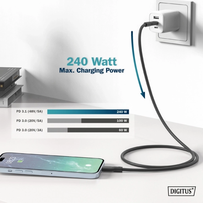 Silikónový spojovací kábel USB-C - USB-C, USB 4 Gen3 40G 8K 240W, 0,5m čierny