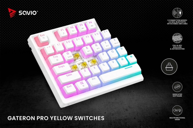 Bezdrôtová mechanická klávesnica savio phenix white gateron yellow pudding