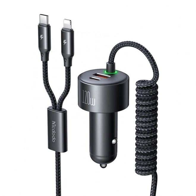 Nabíjačka do auta Mcdodo s USB-C a Lightning, 120W, zasúvacie káble