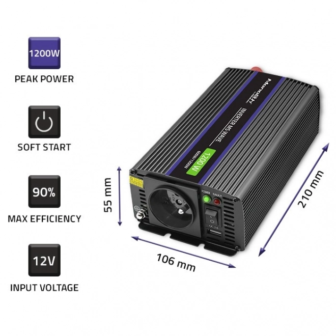 Praktická menička napätia Qoltec 1200W s USB