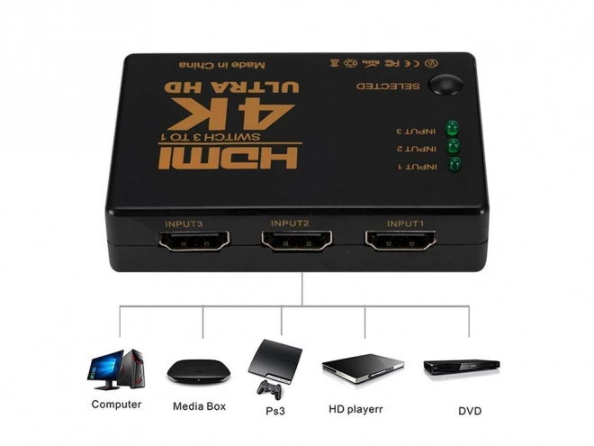 Prepínač 3x na 1 HDMI 4K UHD hub + IR diaľkové ovládanie