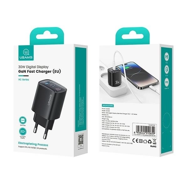 Nabíjačka do siete 30W GaN s LED USB+USB-C Biela