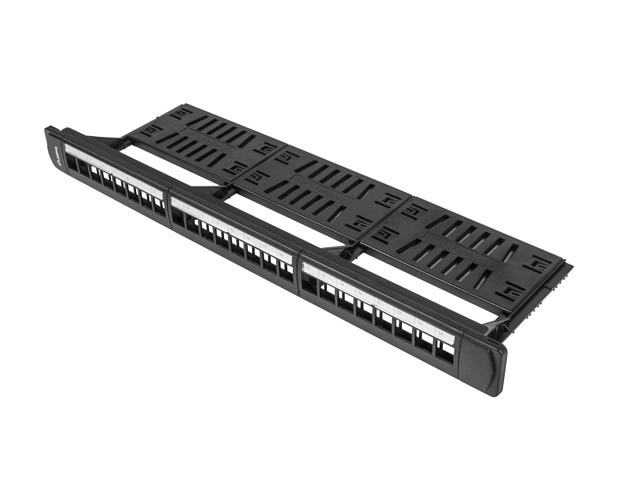 Patch panel 24 portov 1U 19 palcov čierny s organizérom pre moduly keystone
