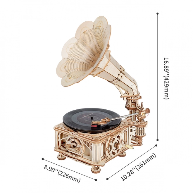 3D drevené mechanické puzzle gramofón s elektrickým pohonom