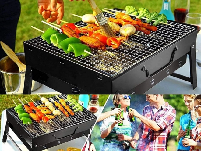 Prenosný skladací gril na drevené uhlie na kempovanie a BBQ