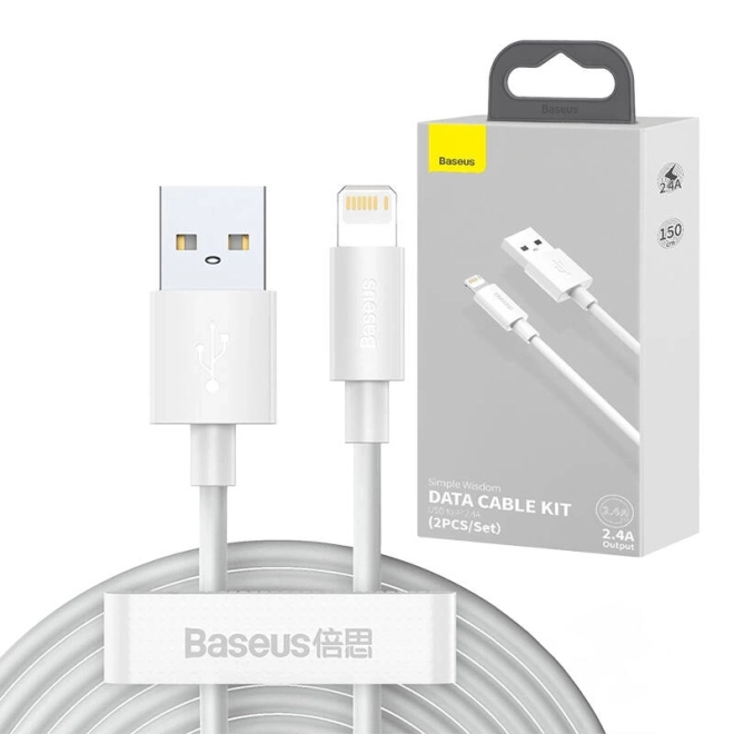 Baseus Dátový Kábel Simple Wisdom USB na Lightning 2.4A 1.5m - biely (2 kusy)