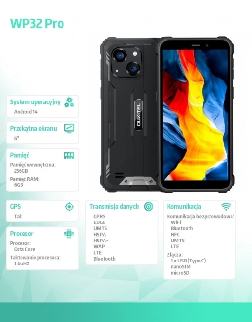 Inteligentný telefón WP32 Pro 4G s 6/256GB, odolný voči prachu a vode, čierny