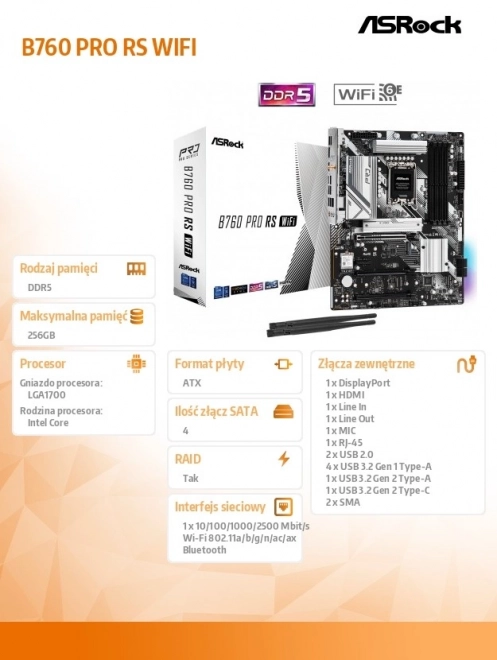 Moderná základná doska ASRock B760 Pro RS s Wi-Fi