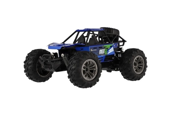 Auto RC buggy off-road modré 22cm plastové 2,4GHz batéria + dobíjací balíček v krabici 32x16x18cm