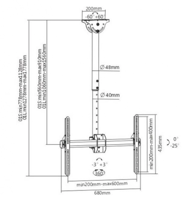 Teleskopický stropný držiak 37-70 palcov 50 kg