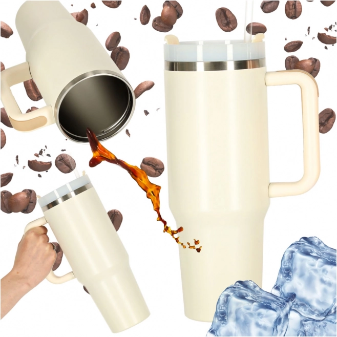Krémový termohrnček so slamkou a uchom 1200 ml